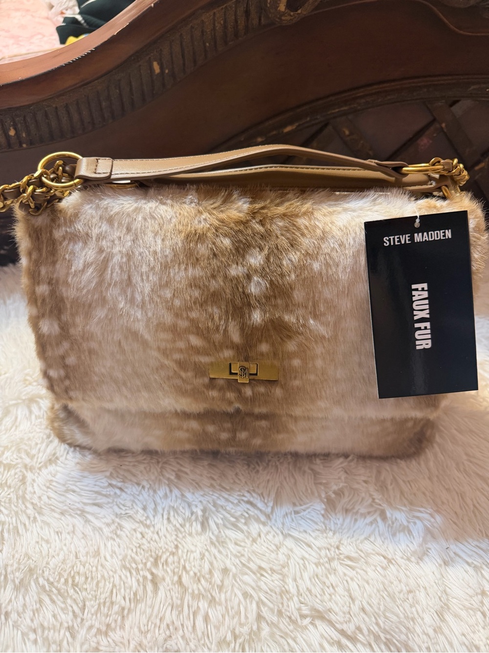 Steve Madden Faux Fur Shoulder Bag in Light Brown with Gold Hardware